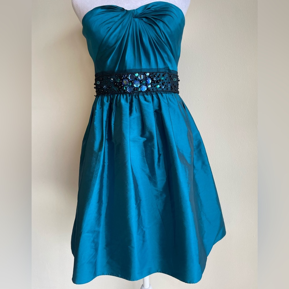 ADRIANNA PAPELL COLLECTION JEWELED BEADED WAIST, ZIP BACK DRESS, 12, BLUE